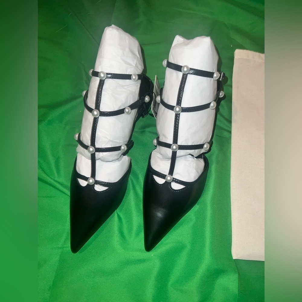 NWT Zara Sling Back Kitten Heels with Pearl Detailing size 38 - Picture 9 of 13